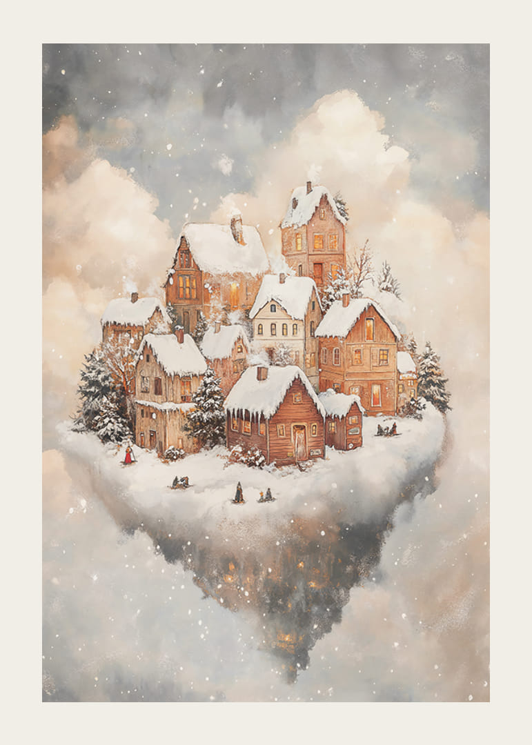 Ilustrovaná zimná krajina so zasneženými domami medzi oblakmi-12