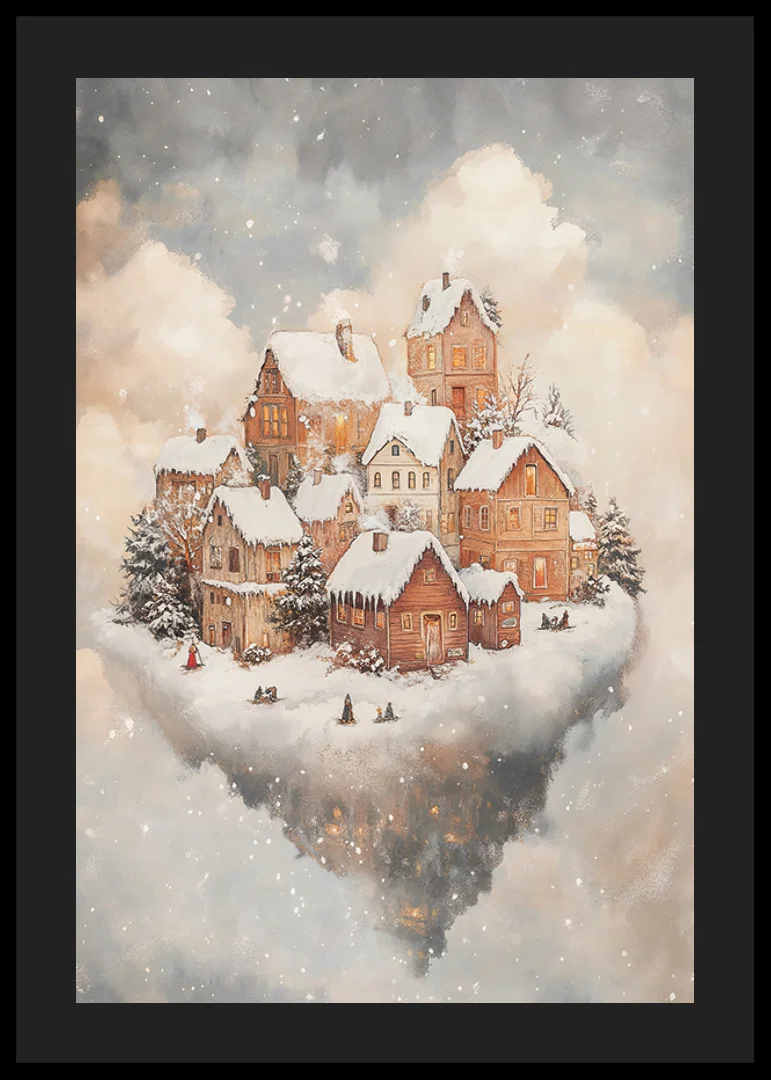 Illustrated winter landscape with snow-covered houses among clouds-12