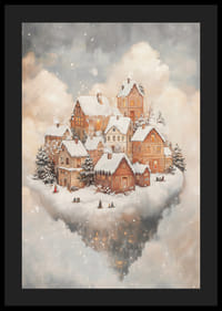 Ilustrovaná zimná krajina so zasneženými domami medzi oblakmi-4