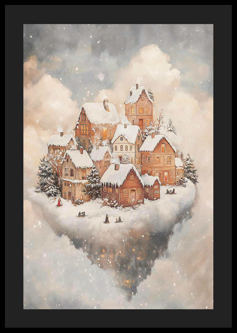 Ilustrovaná zimná krajina so zasneženými domami medzi oblakmi-12