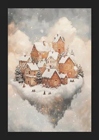 Illustrated winter landscape with snow-covered houses among clouds-5