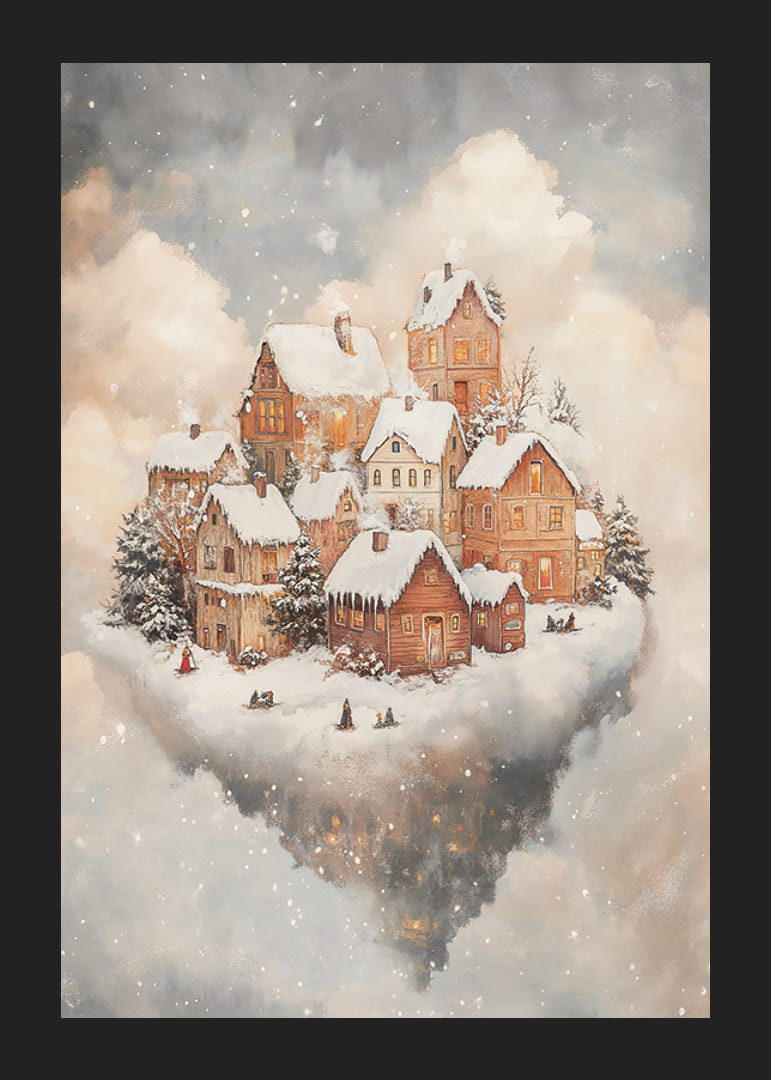 Ilustrovaná zimná krajina so zasneženými domami medzi oblakmi-12