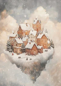 Illustrated winter landscape with snow-covered houses among clouds-7