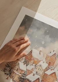 Illustrated winter landscape with snow-covered houses among clouds-9