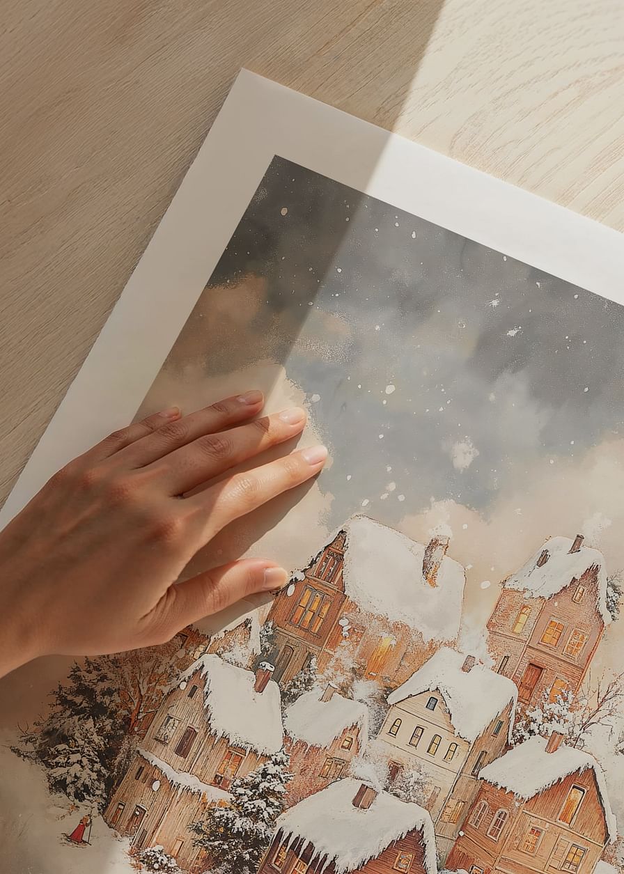 Plakat med et maleri af en snedækket lille landsby blandt skyerne-12