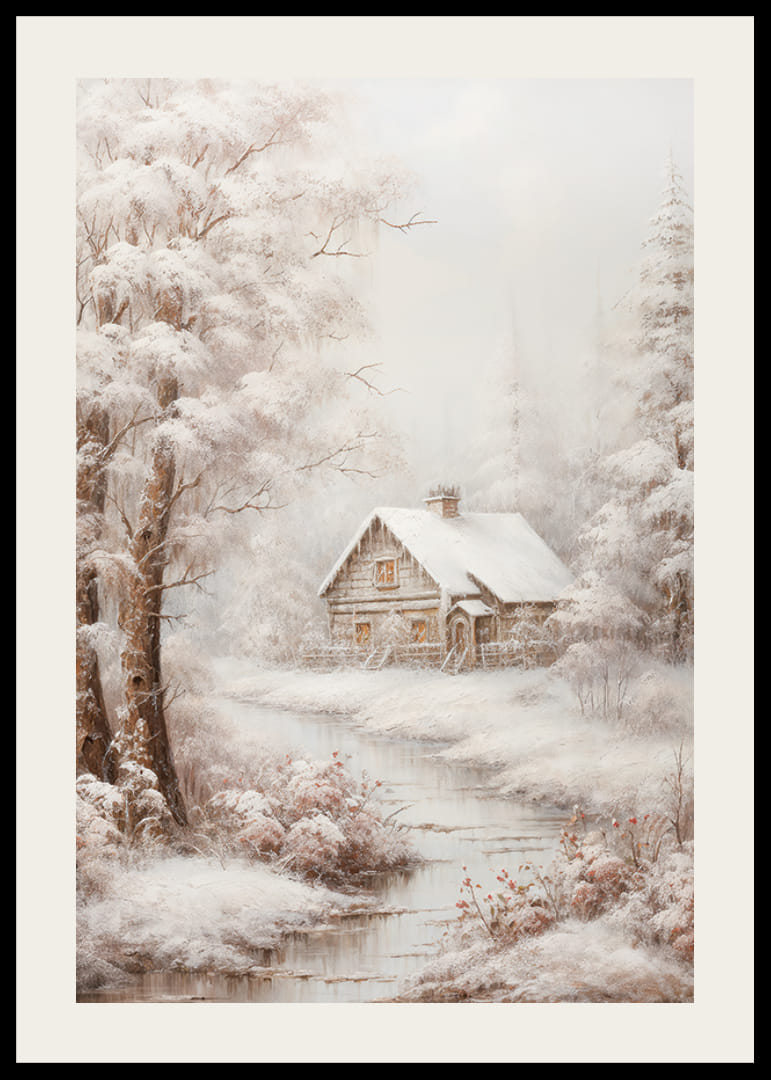 Malet vinterhytte ved bekk omgitt av snødekte trær-12