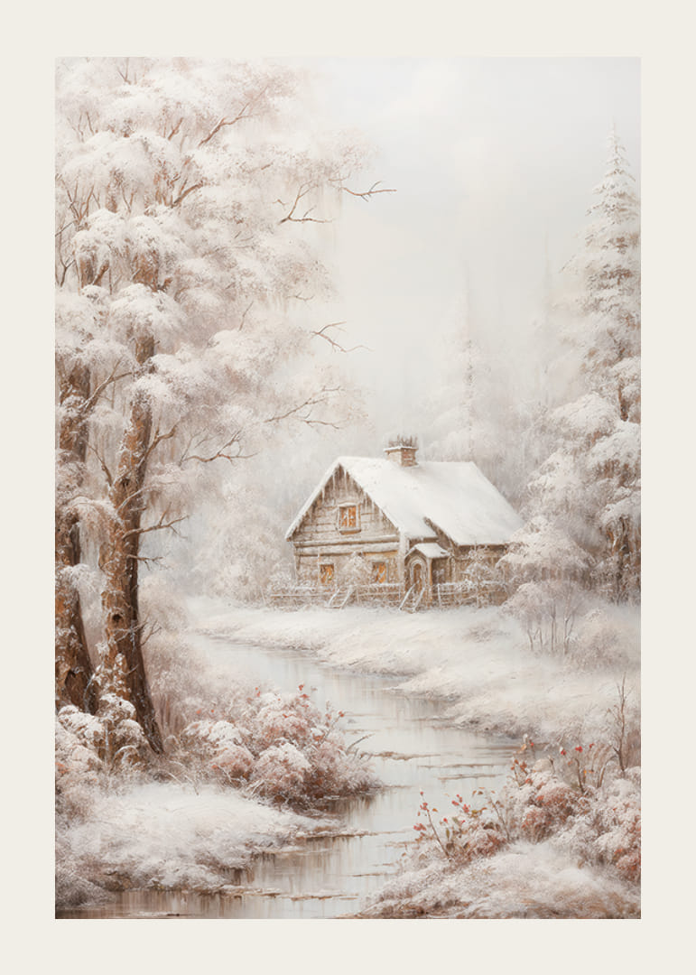 Malet vinterhytte ved bekk omgitt av snødekte trær-12