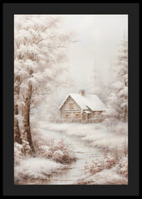 Malet vinterhytte ved bekk omgitt av snødekte trær-4