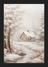 Malet vinterhytte ved bekk omgitt av snødekte trær-5