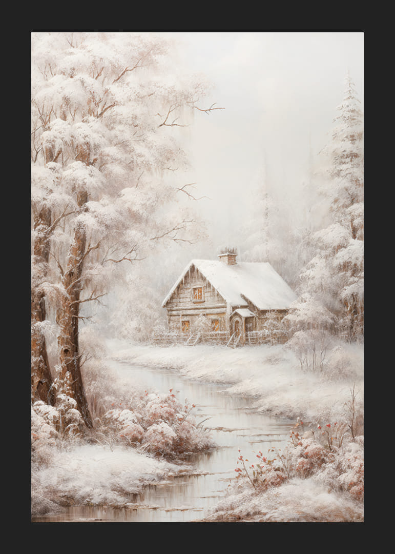 Malet vinterhytte ved bekk omgitt av snødekte trær-12