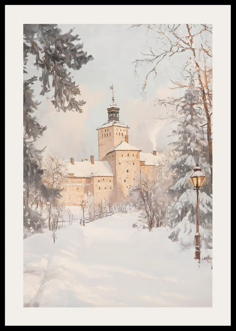 Målat slott i vinterlandskap med snötäckta träd och lyktor-12