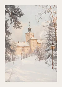 Målat slott i vinterlandskap med snötäckta träd och lyktor-3