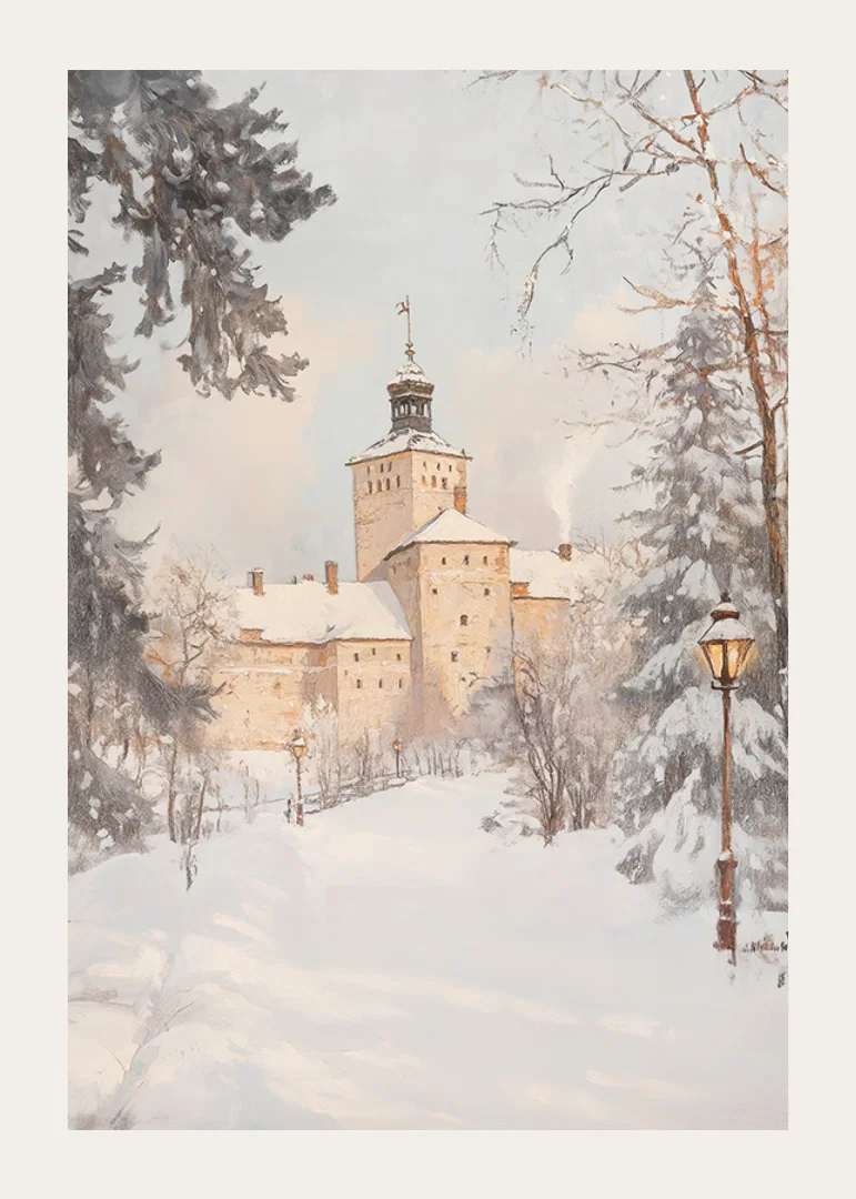 Målat slott i vinterlandskap med snötäckta träd och lyktor-12