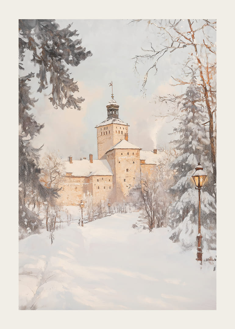 Nudažyta pilis žiemos peizaže su sniegu padengtais medžiais ir žibintais-12