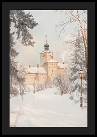 Målat slott i vinterlandskap med snötäckta träd och lyktor-4