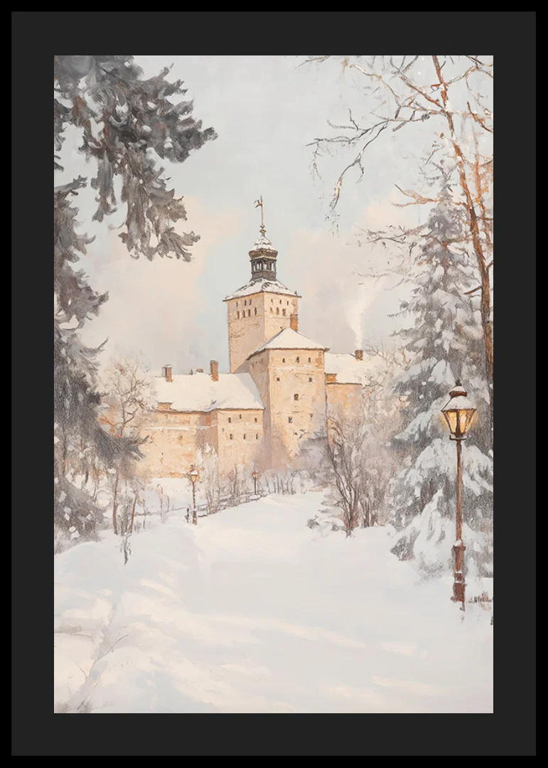 Målat slott i vinterlandskap med snötäckta träd och lyktor-12