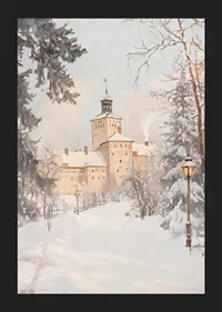 Målat slott i vinterlandskap med snötäckta träd och lyktor-5