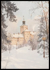 Målat slott i vinterlandskap med snötäckta träd och lyktor-6