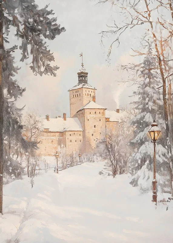 Målat slott i vinterlandskap med snötäckta träd och lyktor-12