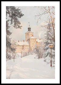 Målat slott i vinterlandskap med snötäckta träd och lyktor-0