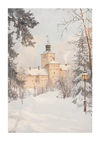 Målat slott i vinterlandskap med snötäckta träd och lyktor-1