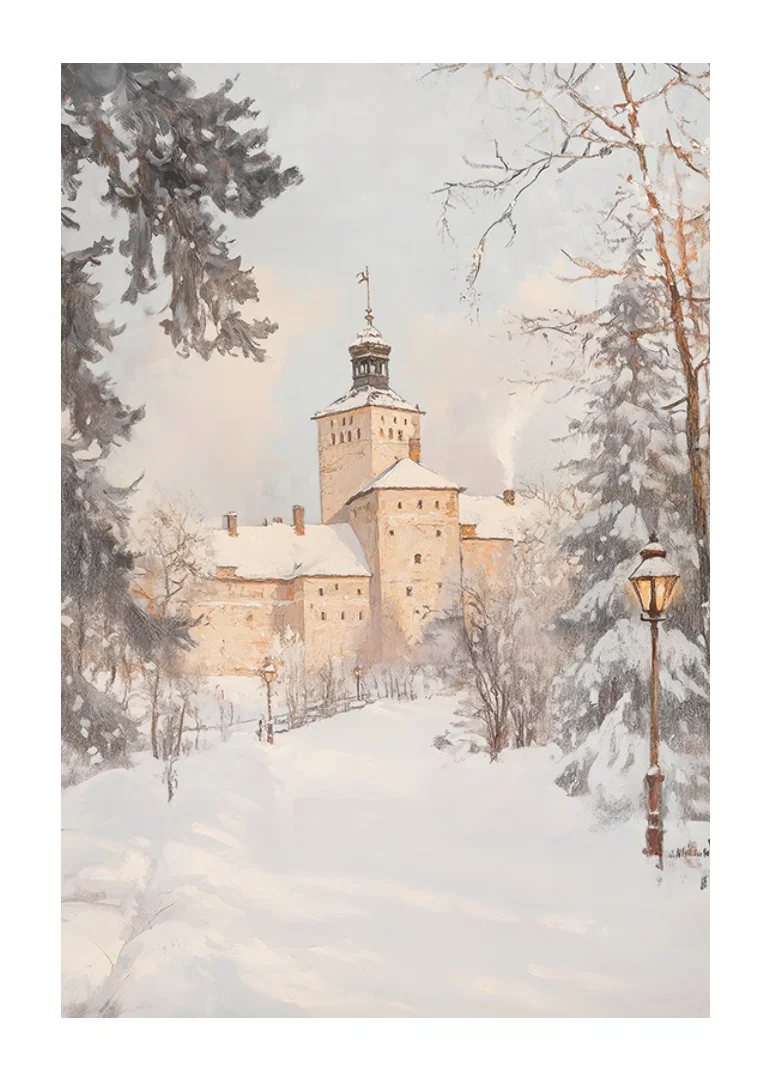 Målat slott i vinterlandskap med snötäckta träd och lyktor-12