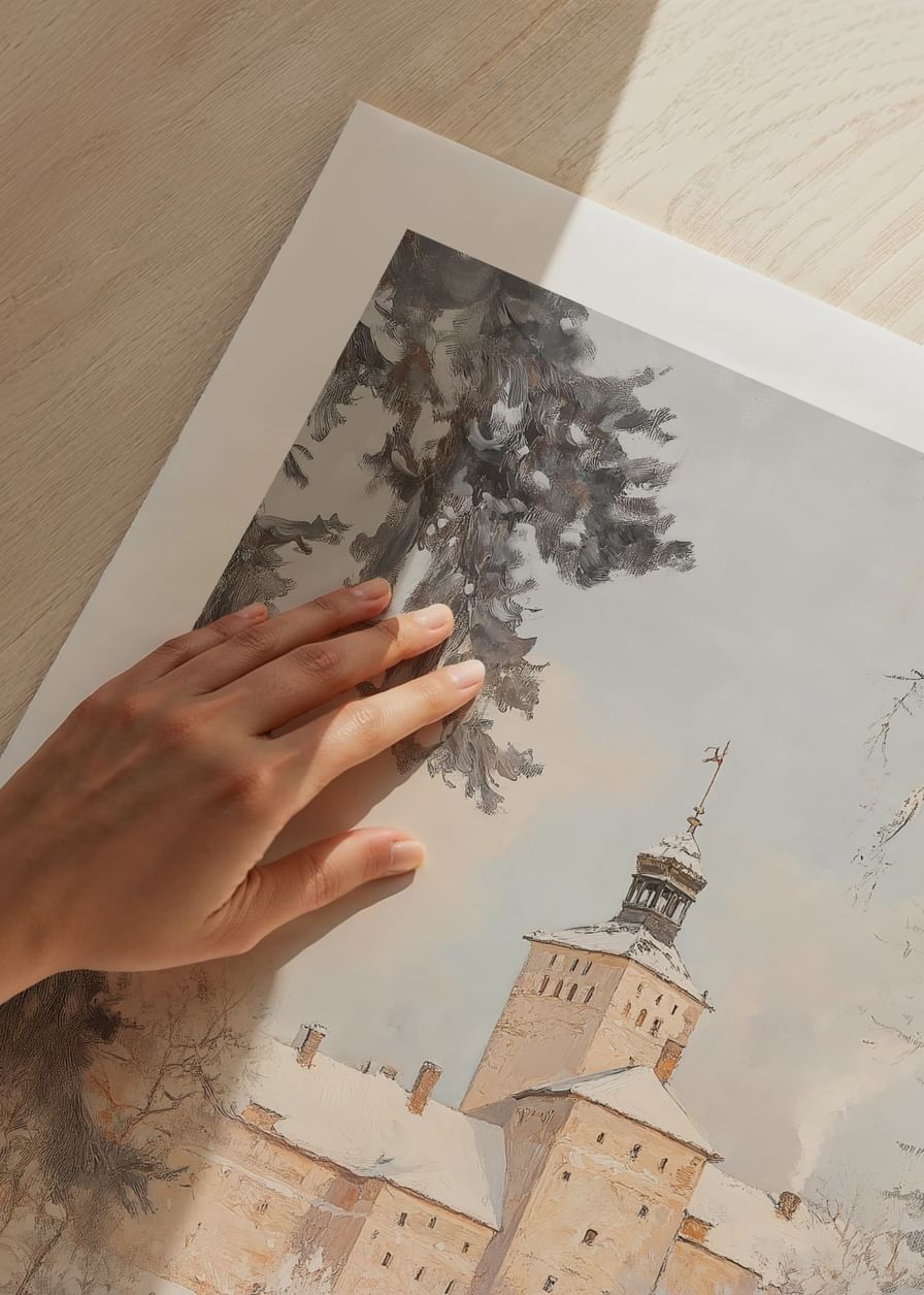 Plakát egy behavazott kastély festményével téli környezetben-12