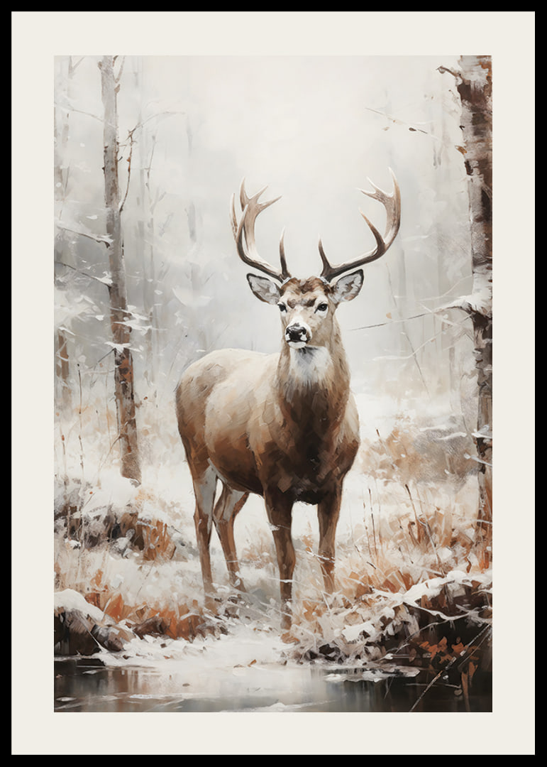 Illustrated red deer with large antlers in winter forest-12