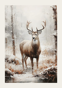 Illustrated red deer with large antlers in winter forest-3