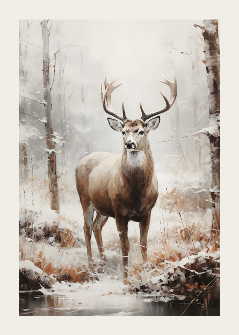 Cerb roșu ilustrat cu coarne mari în pădurea de iarnă-12