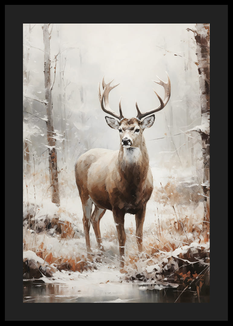 Cerb roșu ilustrat cu coarne mari în pădurea de iarnă-12