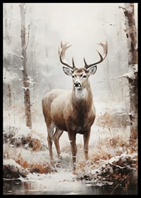 Illustrated red deer with large antlers in winter forest-6
