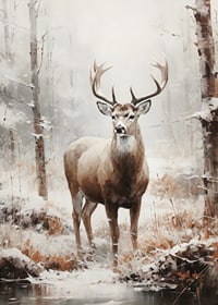Illustrated red deer with large antlers in winter forest-7