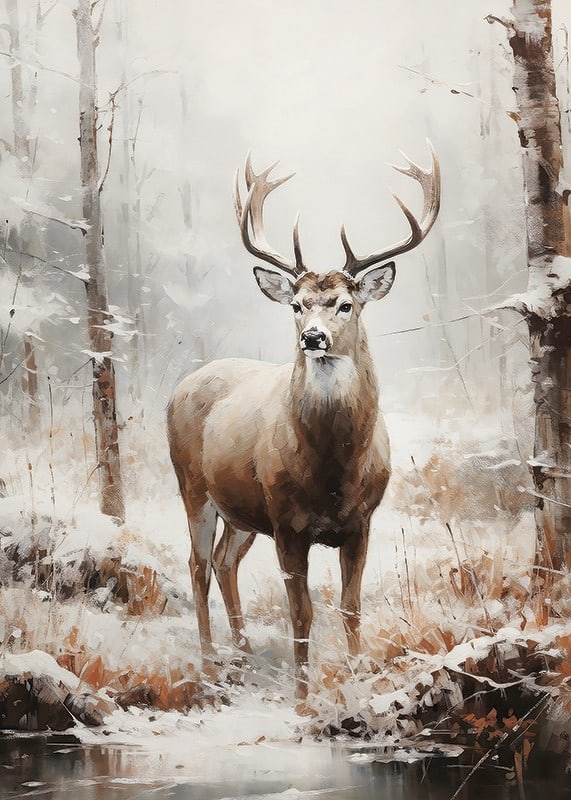 Illustrated red deer with large antlers in winter forest-12