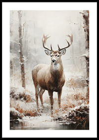 Illustrated red deer with large antlers in winter forest-0