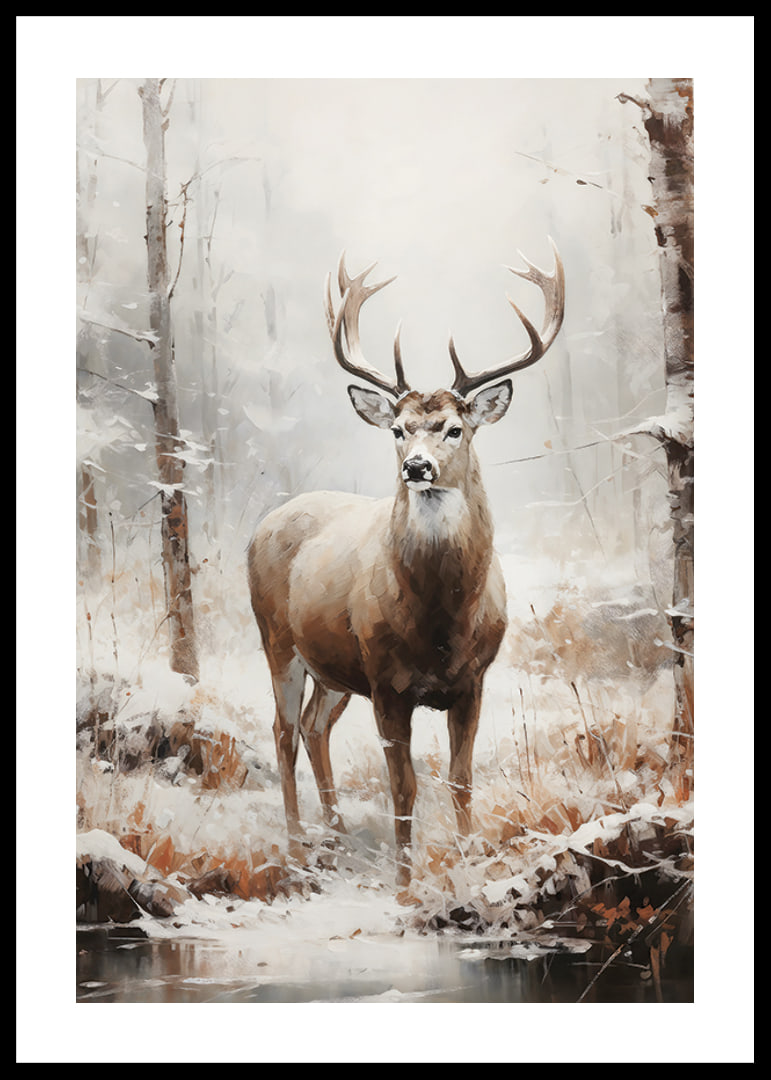 Illustrated red deer with large antlers in winter forest-12