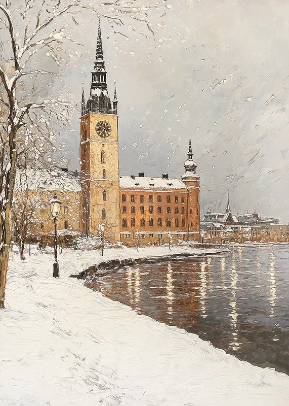 Painted city silhouette with clock tower by frozen lake in winter colors-12
