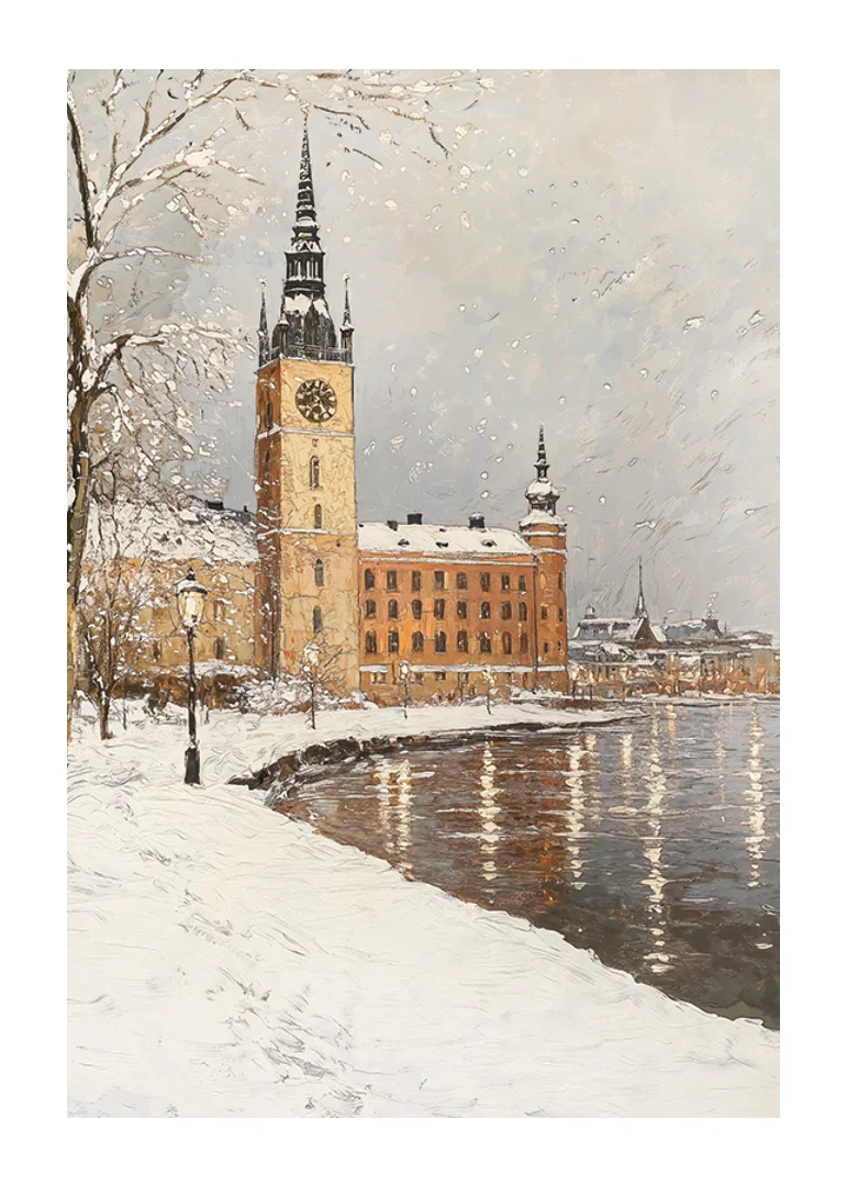 Painted city silhouette with clock tower by frozen lake in winter colors-12