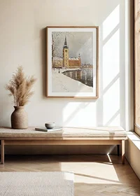 Painted city silhouette with clock tower by frozen lake in winter colors-8