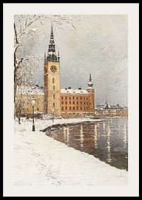 Painted city silhouette with clock tower by frozen lake in winter colors-2