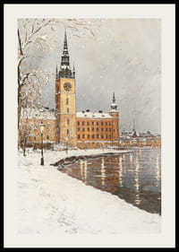 Silhouette de ville peinte avec tour d'horloge au bord d'un lac gelé aux couleurs hivernales-2