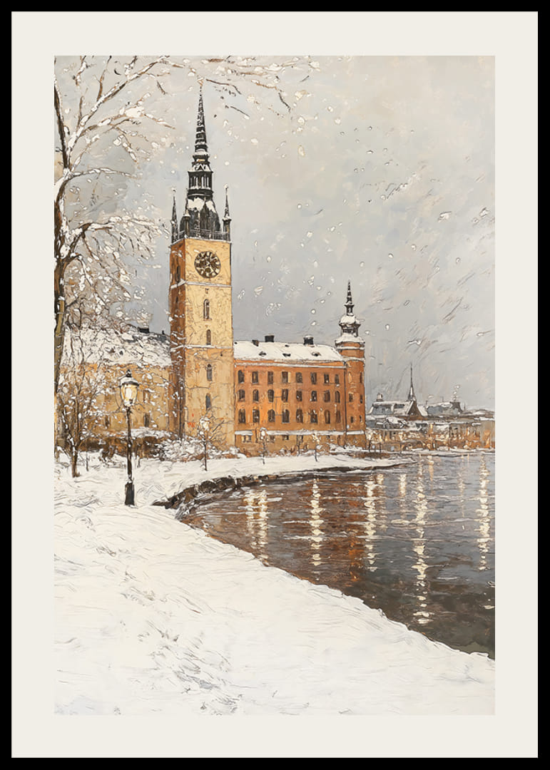 Silhouette de ville peinte avec tour d'horloge au bord d'un lac gelé aux couleurs hivernales-12