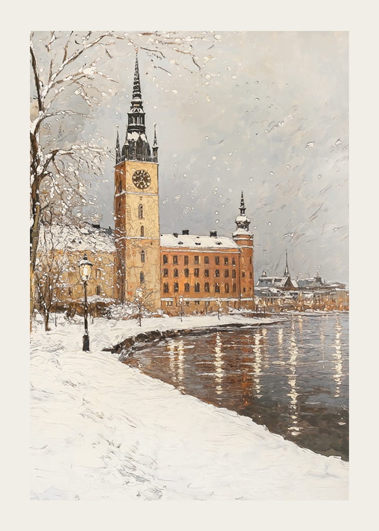 Silhouette de ville peinte avec tour d'horloge au bord d'un lac gelé aux couleurs hivernales-12