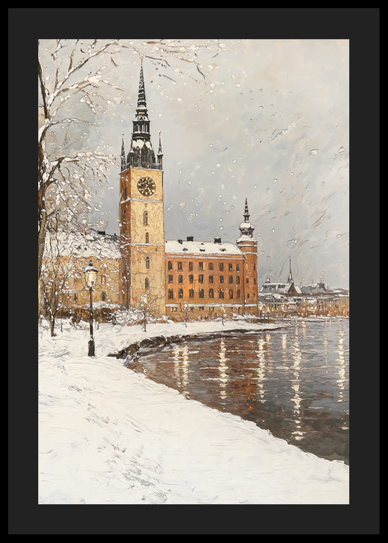 Silhouette de ville peinte avec tour d'horloge au bord d'un lac gelé aux couleurs hivernales-12