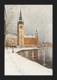 Silhouette de ville peinte avec tour d'horloge au bord d'un lac gelé aux couleurs hivernales-5