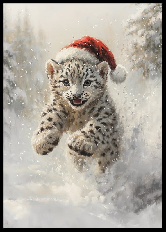 Illustrerad snöleopardunge med tomteluva i vintersnö-12
