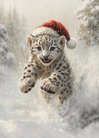 Illustrerad snöleopardunge med tomteluva i vintersnö-7