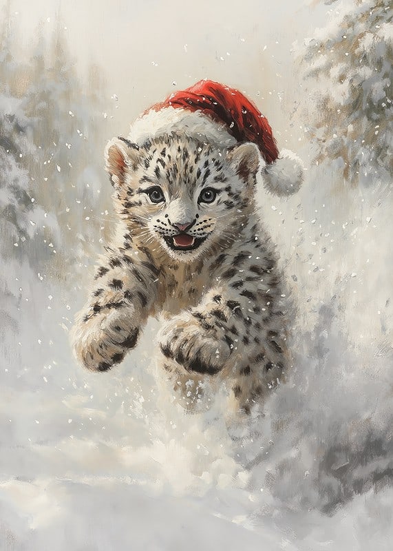 Illustrerad snöleopardunge med tomteluva i vintersnö-12