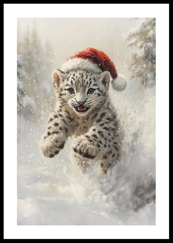Plagát s maľbou mláďaťa snežného leoparda v mikulášskej čiapke-12