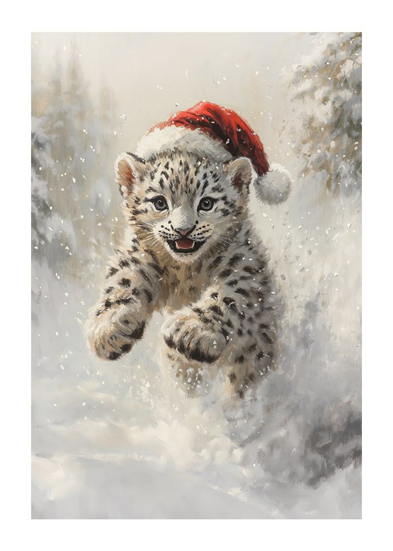 Illustrerad snöleopardunge med tomteluva i vintersnö-12